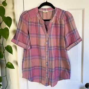 Mason & Belle Pink Plaid Julianne Short Sleeve Blouse Womens Size Small